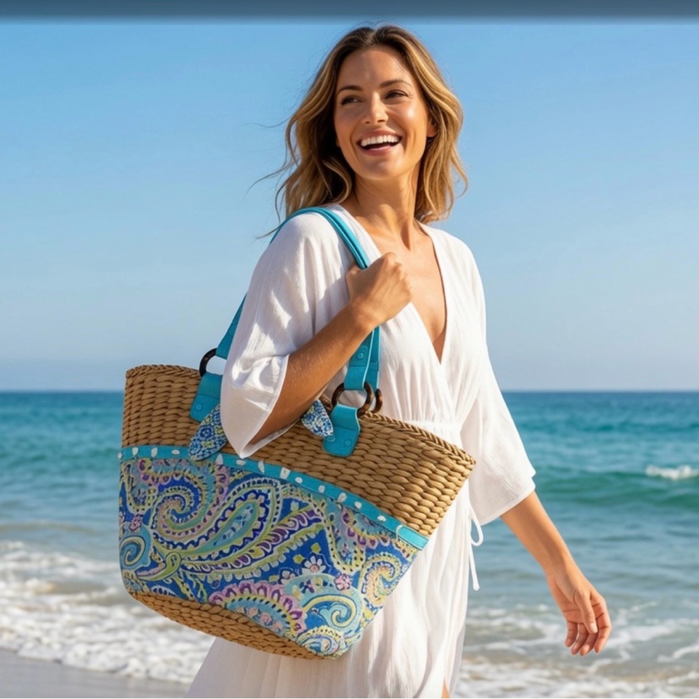 Woven Straw Tote with Turquoise Paisley Trim Vera Bradley